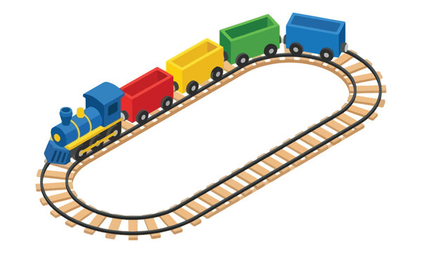 Toy Train Set on Oval Railway Track Isometric Illustration