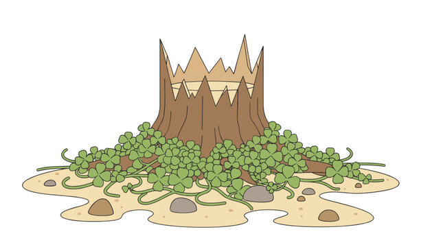 Wooden tree stump carved into a jagged crown shape surrounded by green shamrock clovers on a patch of sandy soil.