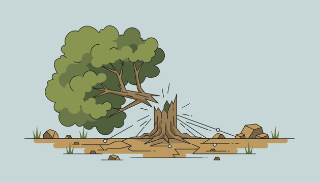 Illustration of a tree breaking off at the stump with visible cracks in the ground and radiating stress lines.