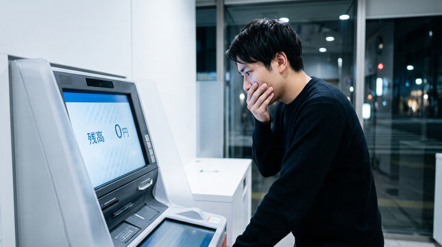Stressed Asian man looking at zero balance on ATM screen, financial crisis concept