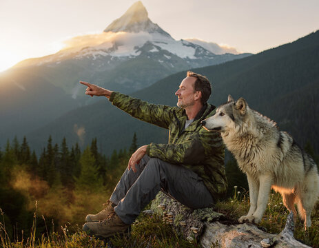 A man sits on a fallen log and points toward a distant mountain peak as his wolf companion follows his outstretched arm.
