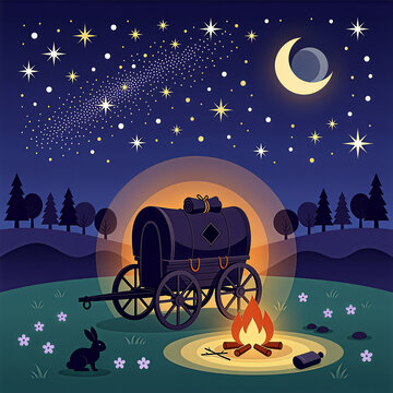 Covered Wagon Camping Under Night Sky Vector Illustration