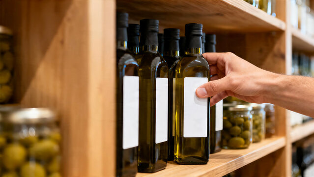 Hand Choosing Olive Oil Bottle on Wooden Shelf