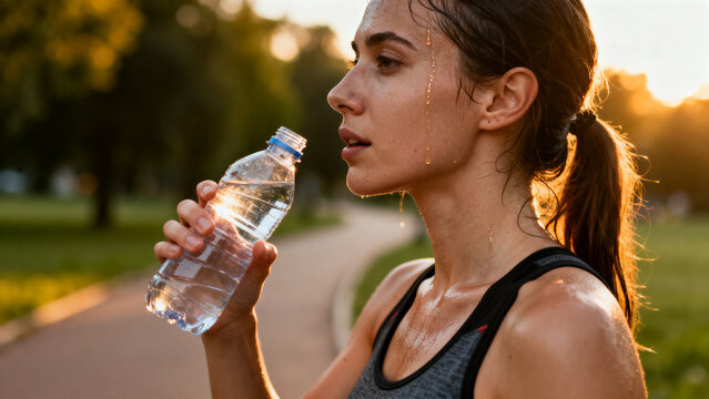 A woman resting after a run outdoors, sweat on neck and temples, holding a water bottle, healthy lifestyle and exertion concept