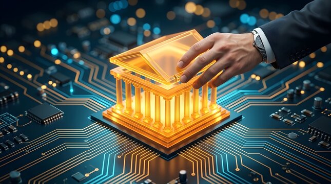 Hand placing glowing golden governance building structure onto advanced digital circuit board, symbolizing modern fintech, digital goverment, and secure data infrastructure.