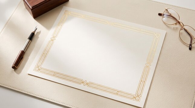 Blank wedding invitation on elegant table setting. Gold foil stationery with glasses and pen for custom design.