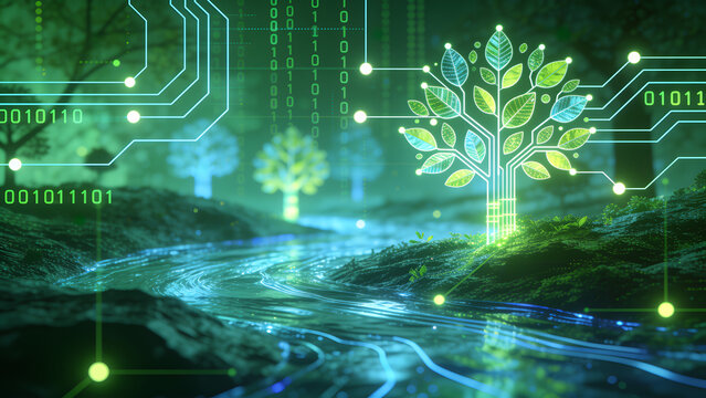 Futuristic eco technology landscape with glowing digital tree and flowing data stream