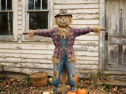 A friendly scarecrow standing in front of an old farmhouse