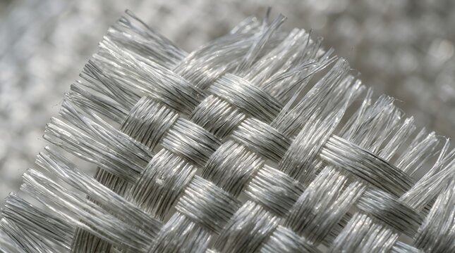 Close-up Macro of Metallic Woven Fabric Texture, Shiny Silver Threads Intertwined
