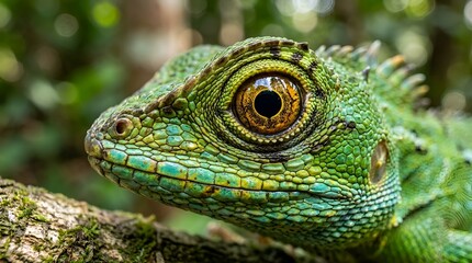 Fototapeta premium Close-up profile of a vibrant green lizard with detailed scales and striking amber eye