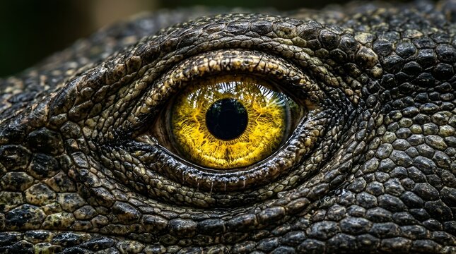 Close-up of Crocodile Eye: Reptile Skin Texture, Yellow Iris, Dark Pupil