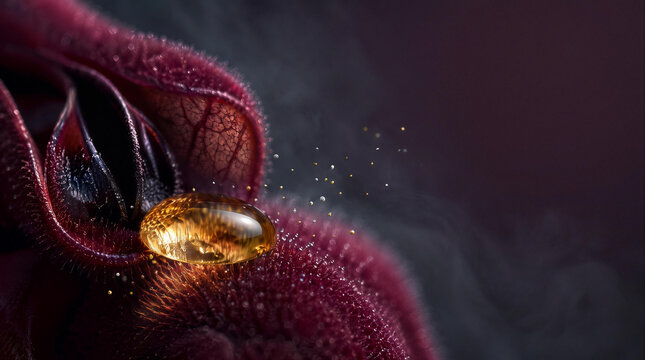 Velvet flower with a drop of golden nectar and space for text.
