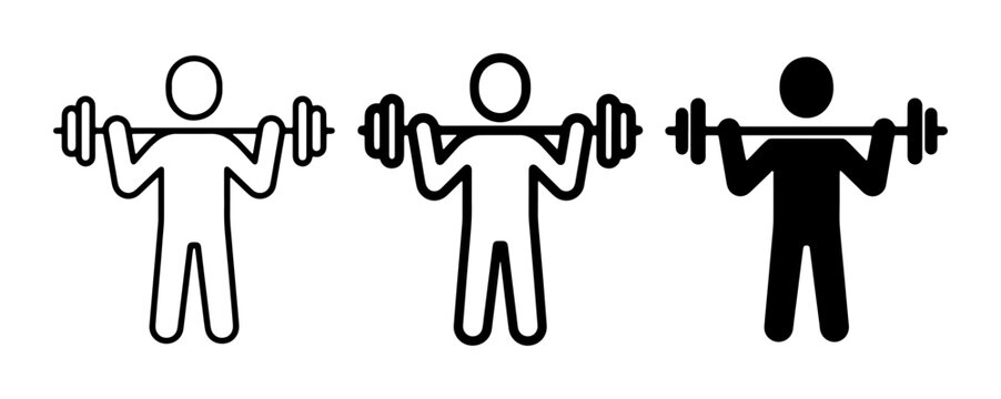 Fitness Icons, Weightlifting Figures, Strength Training Symbols. Set of three stylized human silhouettes performing barbell exercises, representing gym, workout, and healthy lifestyle concepts.