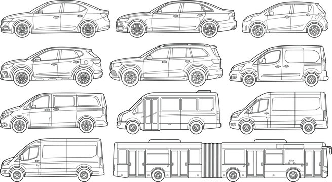Vehicle outline collection featuring cars SUVs vans minibuses and buses in technical vector style