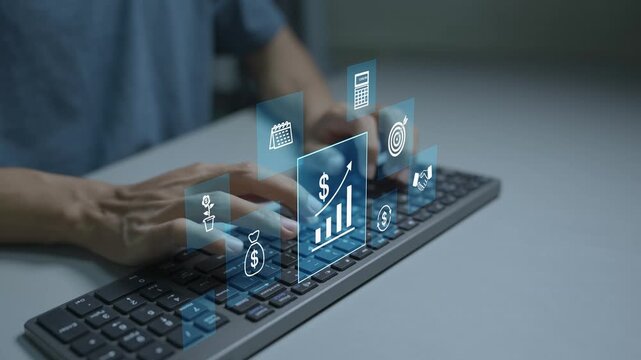 ROI strategy and marketing performance concept. Person typing keyboard with marketing analytics and financial performance icons, return on investment measurement, campaign optimization and business gr
