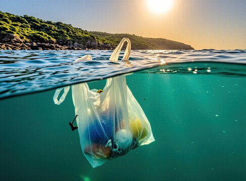 Plastic bag floats underwater in clear blue ocean near coast. Sunlight shines on sea surface and submerged trash. Ecological pollution harms marine life.