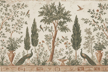 Created on Vintage old Roman mural wallpaper depicting a garden with a forest, peacocks, birds, vases, and botanical plants vector art on white background © MdMasud