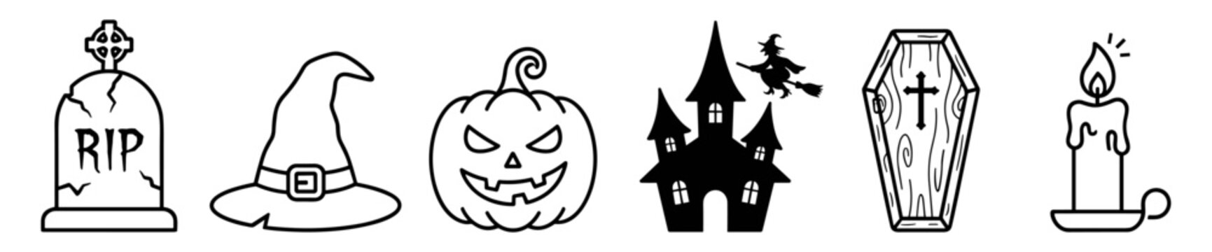 Set of black and white spooky Halloween icons with tombstone, witch hat, jack-o-lantern, haunted house, coffin, and candle illustrations on transparent background