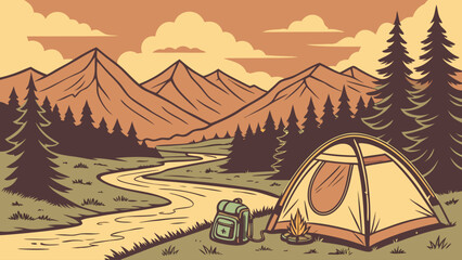 Camping tent and backpack by river in mountain landscape illustration © TWINS