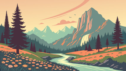 Mountain range landscape illustration with a flowing river and wildflowers © TWINS