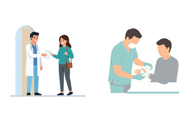 Obraz premium Medical care scenes featuring a doctor consulting a patient and nurse applying a bandage