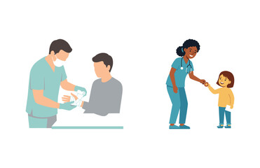 Fototapeta premium Medical scenes set featuring a doctor treating a patient and a nurse giving candy to a smiling child
