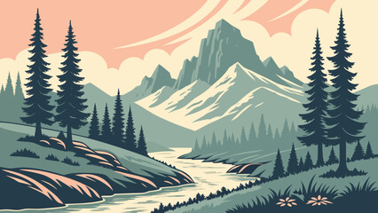 Mountain peaks and pine forest landscape illustration with a flowing river © TWINS