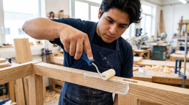 Hispanic male carpenter applying glue to wooden joint. Young woodworker using foam roller in workshop