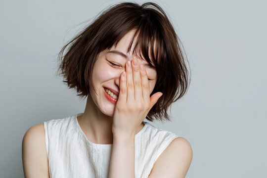 飾らない笑顔で手で顔を覆い隠し照れて笑う日本の若い女性
