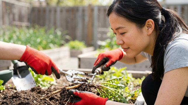 Woman extracting dandelion root with weeding tool. Gardening in raised beds