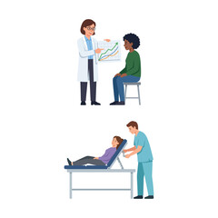 Obraz premium Doctor explaining medical chart to patient and nurse adjusting examination bed flat vector set