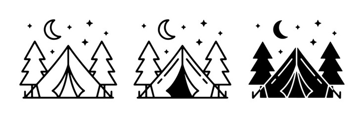 Camping Tent Icons, Night Forest Scene Vector Set. Outdoor Adventure, Wilderness, Starry Sky, Moon. Minimalist Line Art and Silhouette Graphics for Travel and Recreation Themes. © Karim