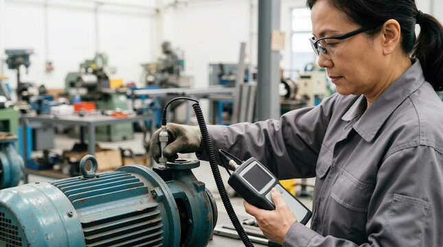 Female engineer using a vibration meter to inspect an industrial motor. Asian woman in safety glasses measuring machine frequency in a factory