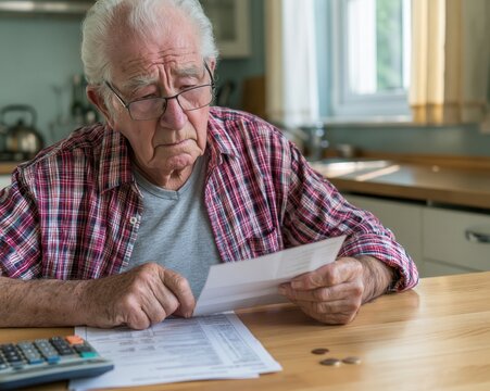 An elderly man holds a utility bill, increasing costs