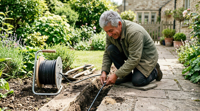 Man installing underground lighting cable in a residential garden. Landscaping project with black wire trenching and cable reel