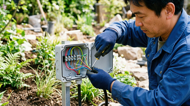 Electrician wiring an outdoor junction box in a garden. Asian technician installing underground lighting cables with a screwdriver