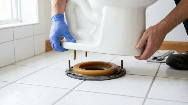 Close up of plumber hands installing a white toilet bowl over a wax ring. Bathroom plumbing repair and installation detail