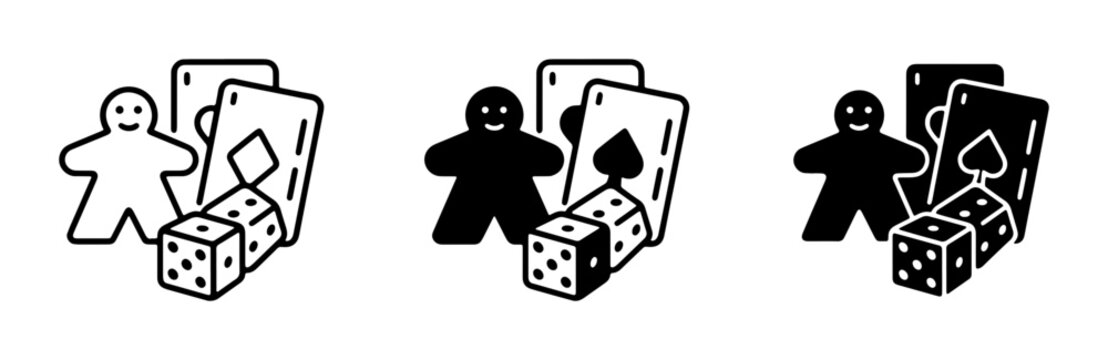 Board Game Icons: Meeple, Playing Cards, Dice Set, Casual Gaming, Tabletop Entertainment, Vector Graphics