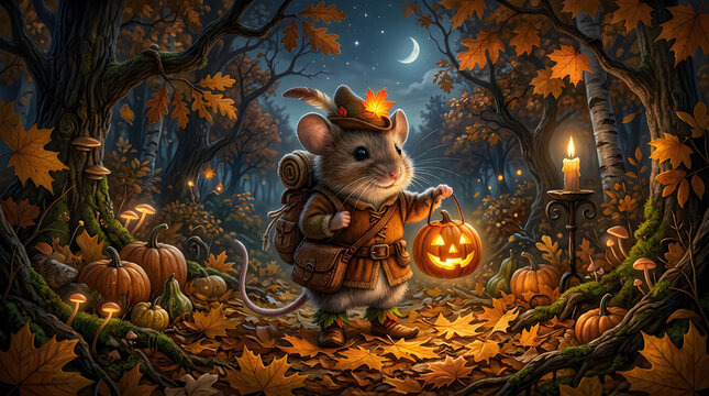 Cute little mouse explorer holding a glowing pumpkin lantern in a dark autumn forest at night