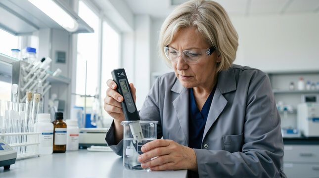 Female scientist measuring water quality with TDS meter probe. Woman researcher testing liquid in laboratory beaker