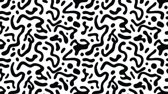 Abstract seamless pattern with organic fluid shapes black hand drawn lines and dots on grey background creative trendy texture.