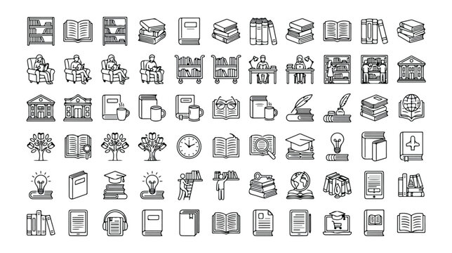 Library and education line icons set, 60 book and reading vector symbols, academic study and literature collection for school and university apps