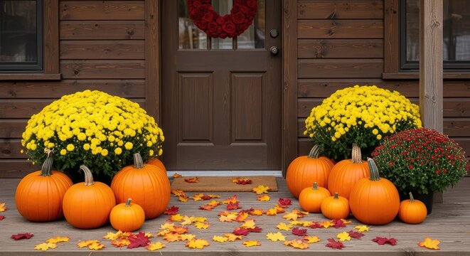 Rustic cabin porch featuring autumn decorations with orange pumpkins, yellow chrysanthemums, a velvet wreath, and scattered fallen leaves, porch, atmospheric, farmhouse