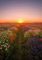 Obraz premium Soft sunlight illuminates a path through tall waving grasses and colorful wildflowers as the sun sets over a calm and rural summer landscape, grass, calm, nature