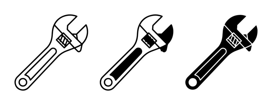 Adjustable Wrench Icons, Versatile Spanner Set, Mechanical Tool Graphics, Plumbing Hardware Vector Collection