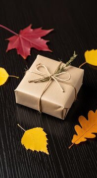 Small package wrapped in rustic brown kraft paper with a twine bow resting on a dark wood surface among a scattering of colorful fall foliage, october, kraft paper, nature