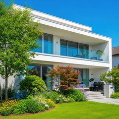 Fototapeta premium This sleek two-story minimalist residence features clean architectural lines, a spacious upper balcony, and vibrant green garden landscaping, property, outdoor, residence