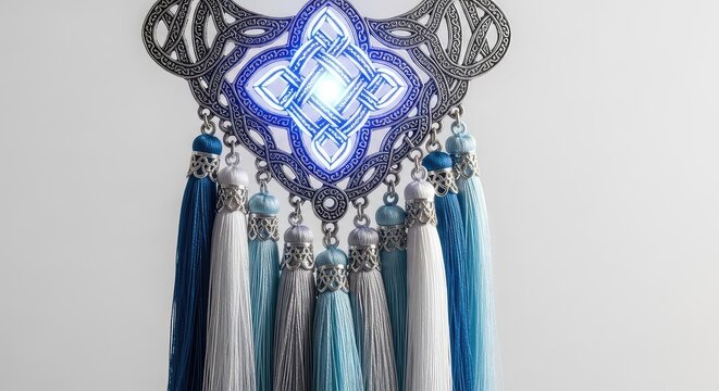 This ancient enchanted artifact features a luminous blue knot centerpiece surrounded by ornate silver patterns and flowing silk tassels, texture, radiant, glowing