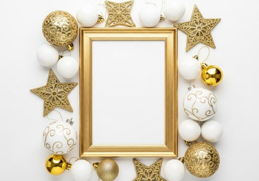 Top view of an elegant gold frame mockup surrounded by white and golden Christmas decorations, baubles, and stars on a white background, isolated, star, elegant