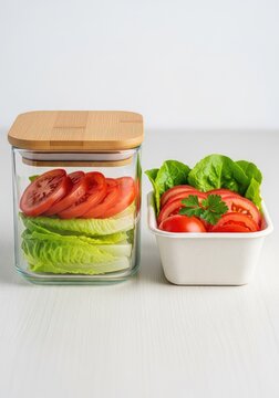 Two eco-friendly containers holding crisp lettuce leaves, sliced ripe tomatoes, and herbal parsley garnish, perfect for a nutritious lunch, appetizer, table, green